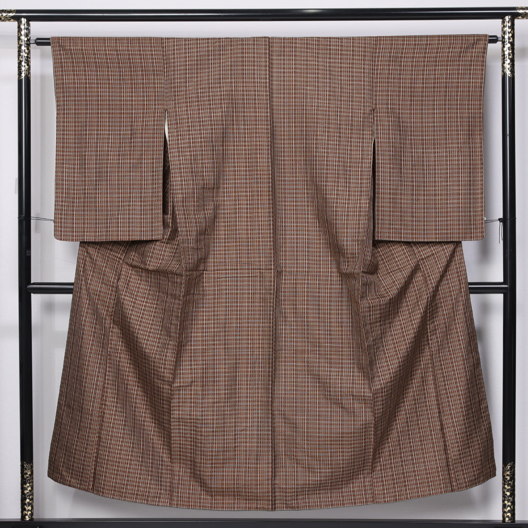 洗える着物 紬 袷 身丈149cm 裄丈63cm ポリエステル Sランク カジュアル バチ衿 XSサイズ 格子 茶系 RP 1223-11481