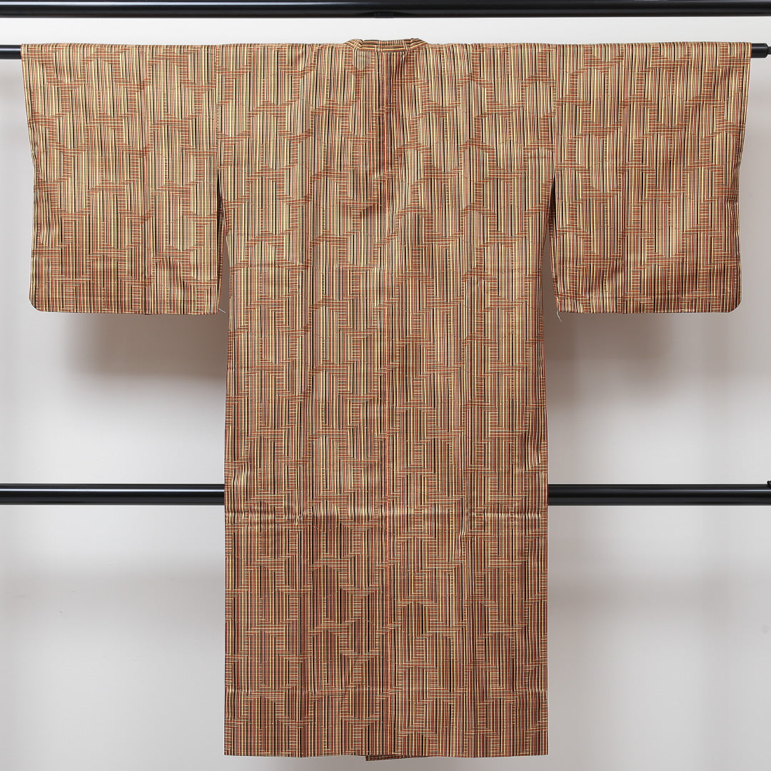 洗える着物 道行コート 袷 身丈124cm 裄丈64cm ポリエステル Sランク セミフォーマル Mサイズ 幾何学柄 黄系 RP 1237-05743