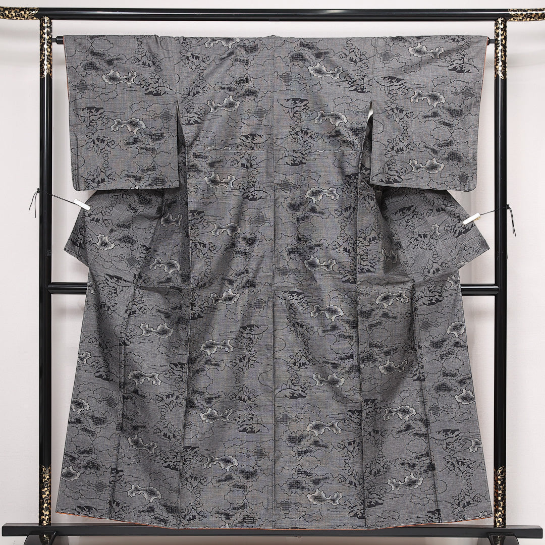 未使用品 村山大島紬 袷 身丈156cm 裄丈65cm 正絹 Sランク インフォーマル 広衿 Mサイズ しつけ糸 創作柄 グレー系 RP 1223-13502