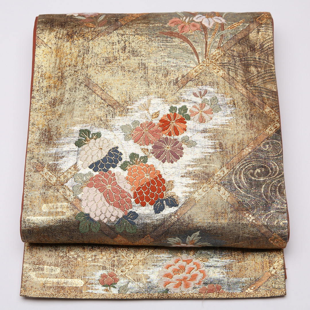 袋帯 帯丈444cm 六通 未仕立て 菊 牡丹 帯芯なし フォーマル 金系 正絹 Aランク 1223-01005