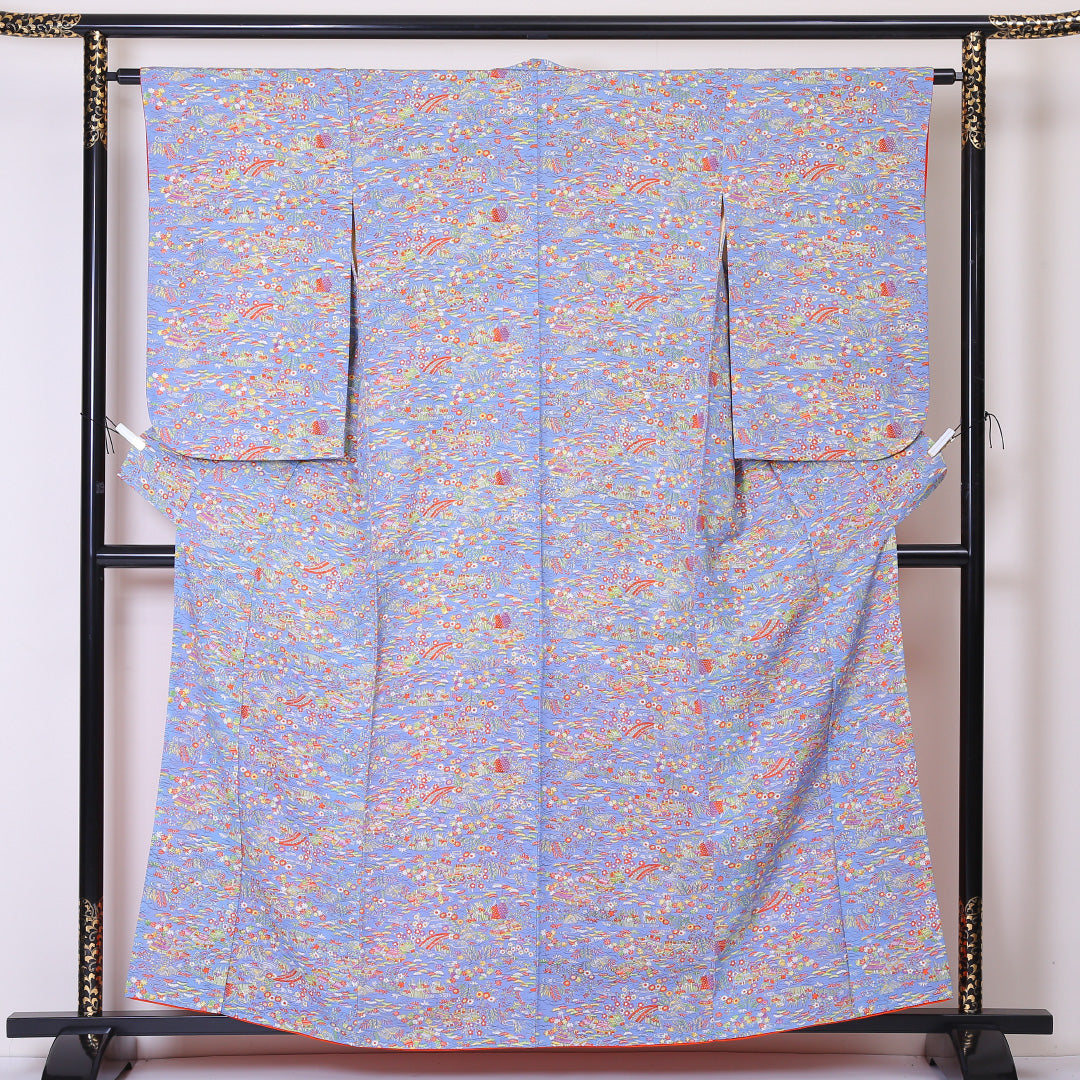 小紋 袷 身丈158cm 裄丈62cm 正絹 Aランク インフォーマル 広衿 Mサイズ 茶屋辻 水色系 RP 1221-01960