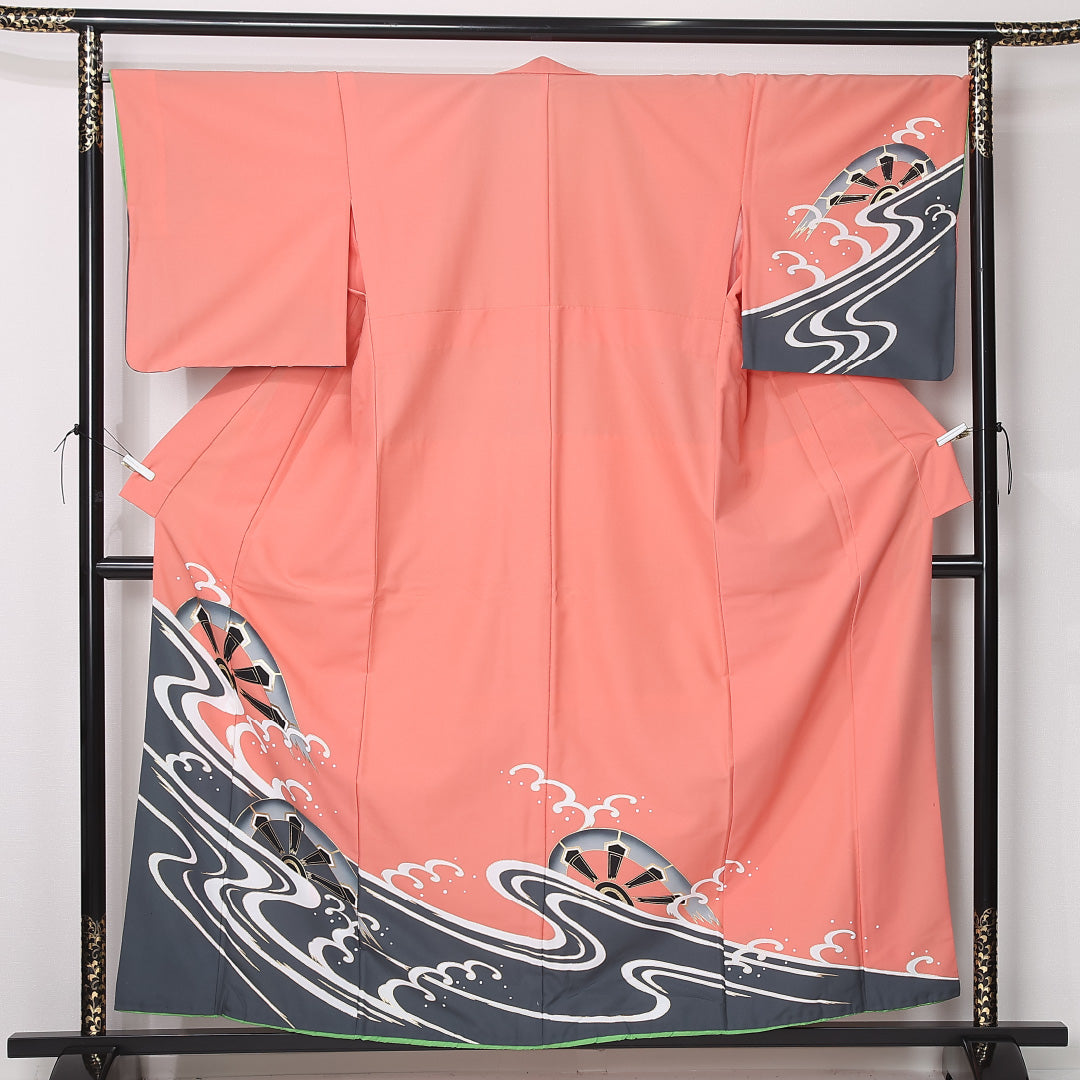 洗える着物 訪問着 胴抜き 身丈160cm 裄丈67cm ポリエステル Sランク セミフォーマル バチ衿 Lサイズ 片輪車 ピンク系 RP 1217-12441
