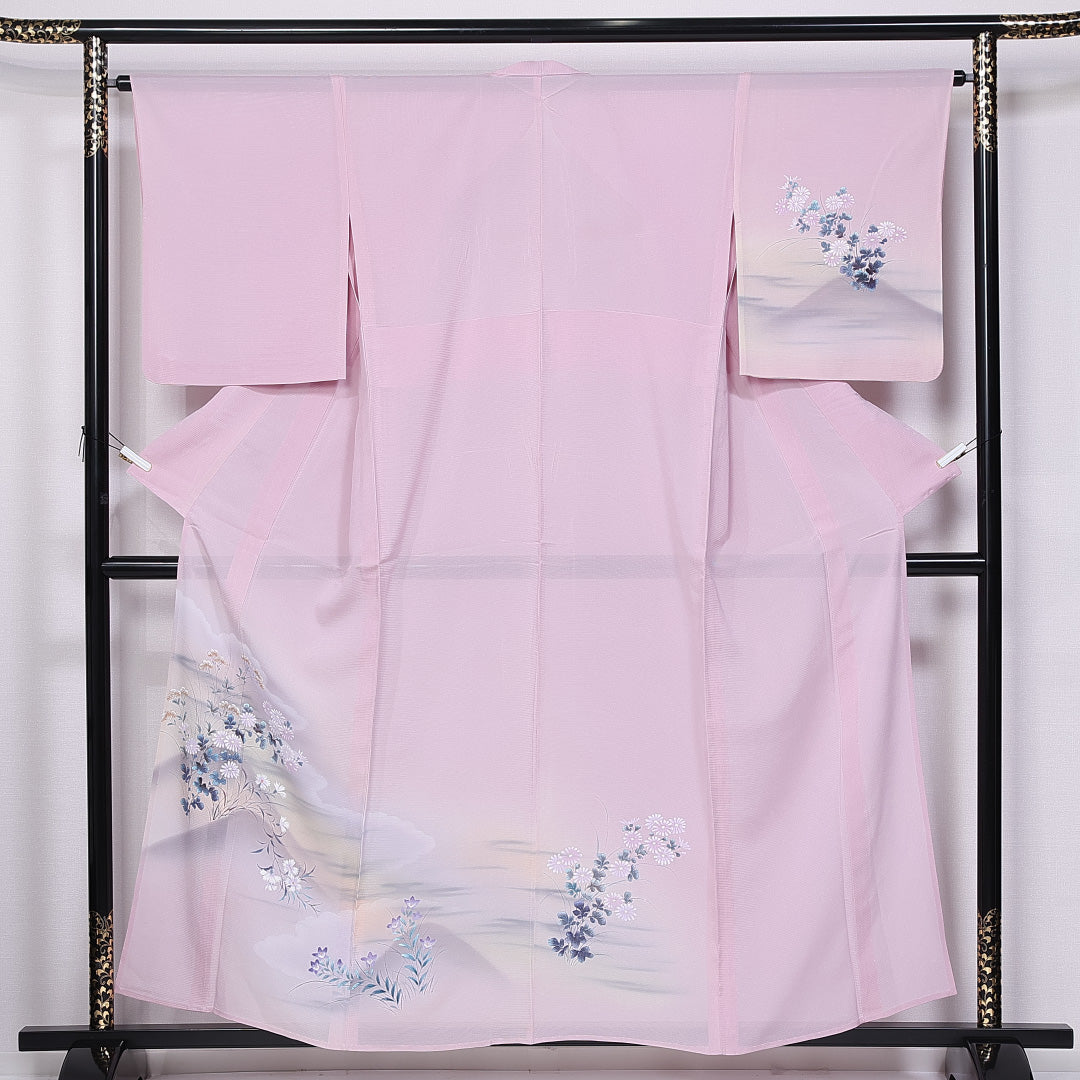 夏物 訪問着 絽 身丈147cm 裄丈55cm 正絹 Aランク セミフォーマル 広衿 XSサイズ 遠山 桔梗 撫子 ピンク系 M4 1217-11202