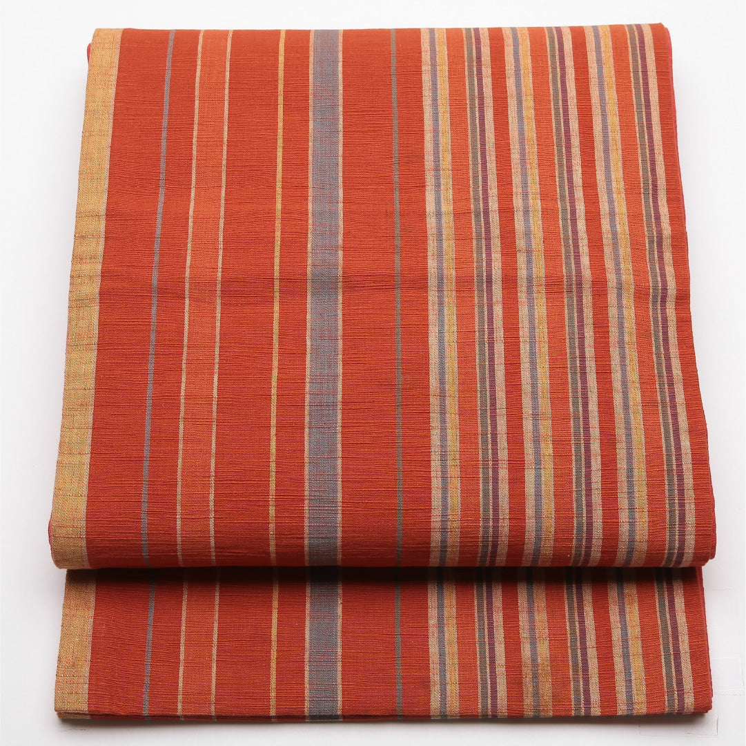 名古屋帯 帯丈352cm Cランク 開き仕立て 全通 正絹 遠州綿紬 紬 縞 カジュアル 朱系 1224-01945