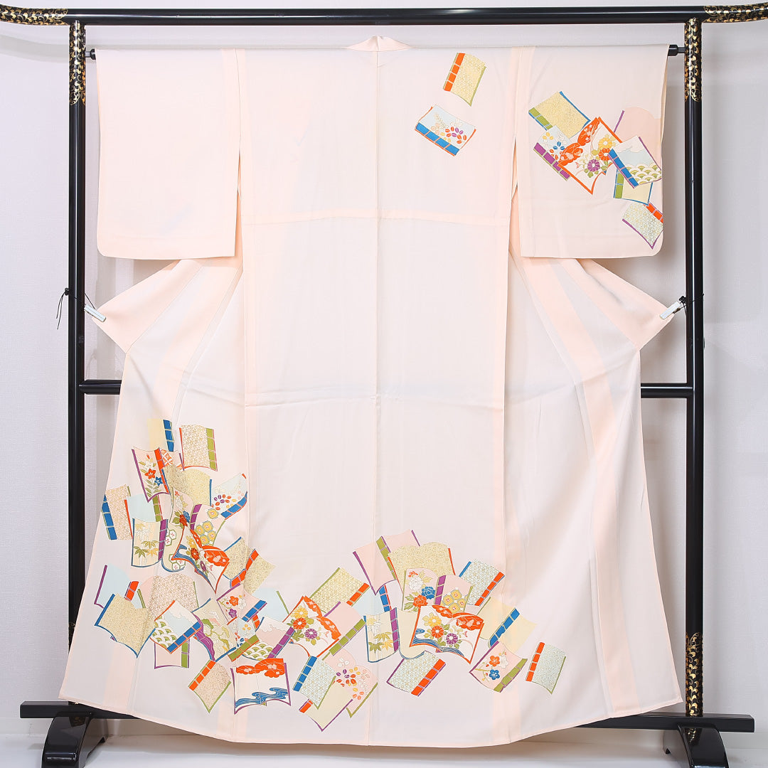 訪問着 身丈160cm 裄丈64.5cm Bランク L 正絹 単衣 広衿 吉祥文様 色紙 菊 紅葉 セミフォーマル ピンク系 1212-12229