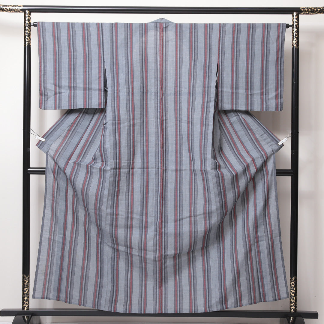 夏物 紬 夏紬 身丈159cm 裄丈64cm 正絹 Bランク カジュアル バチ衿 Mサイズ 居敷当て 肩当て 縞 グレー系 RP 1223-03502