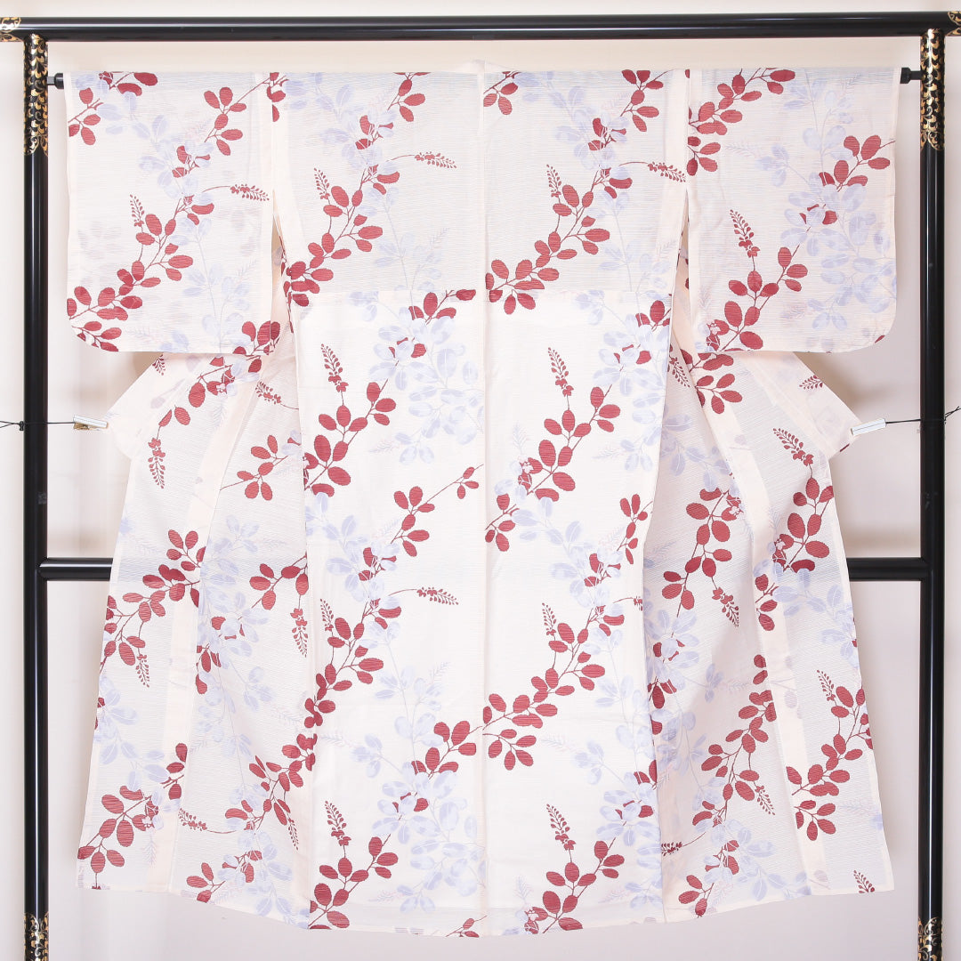 小紋 絽 身丈138cm 裄64cm 麻 洗える着物 萩 居敷当て 白系 Sランク 1215-02269