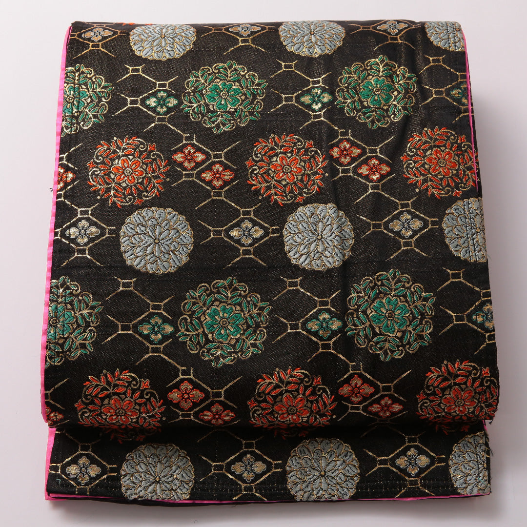 アンティーク 袋帯 帯丈456cm 全通 Bランク 正絹 花菱 菊 黒系 1223-01852