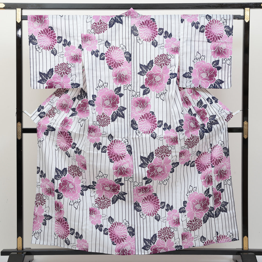 新品 浴衣 身丈163cm 裄丈67cm 木綿 洗える着物 牡丹 菊 Nランク 1218-00043