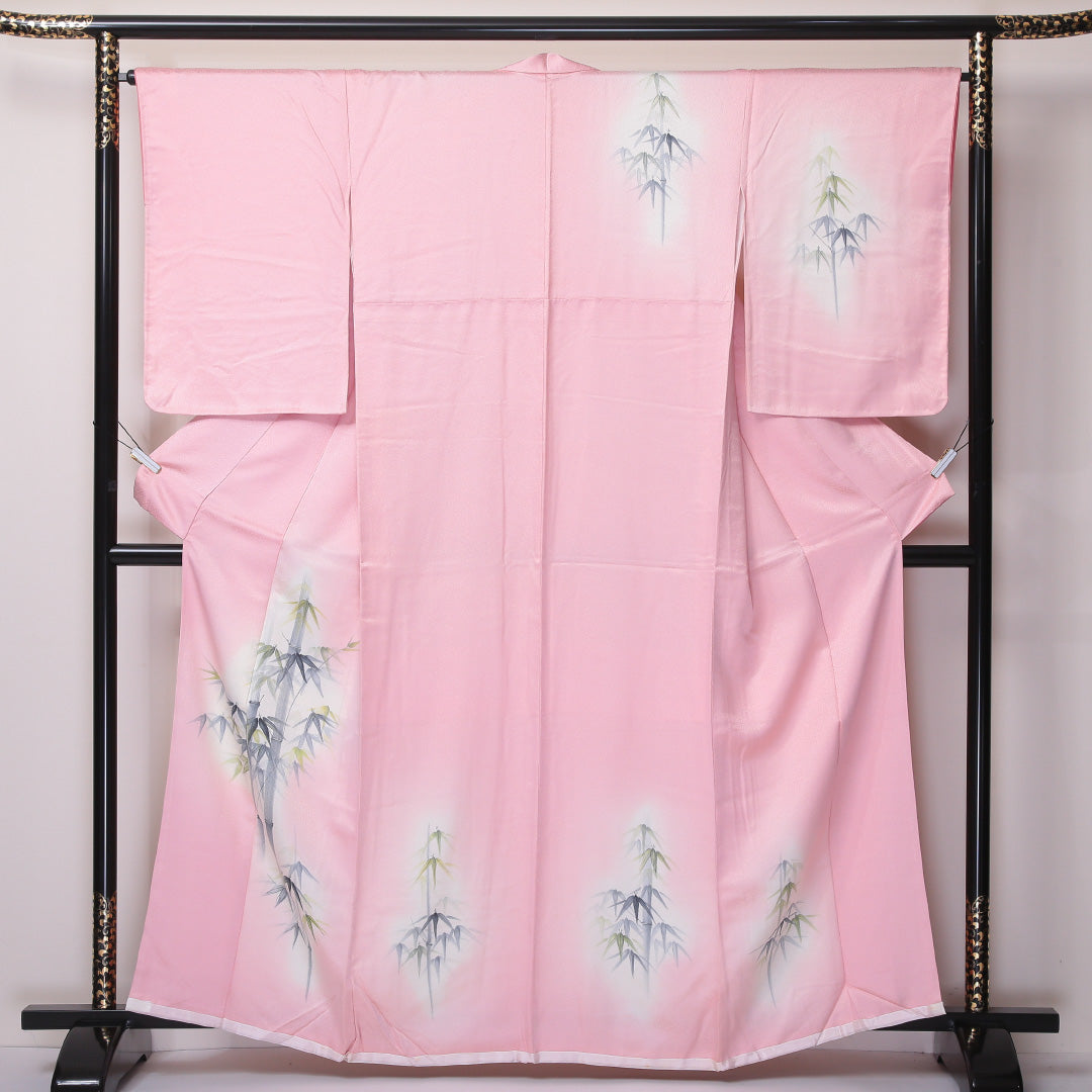 未使用品 付下げ 袷 身丈160cm 裄丈65cm 正絹 Sランク インフォーマル 広衿 Lサイズ ぼかし染 しつけ糸 笹 竹 ピンク系 RP 1218-04580