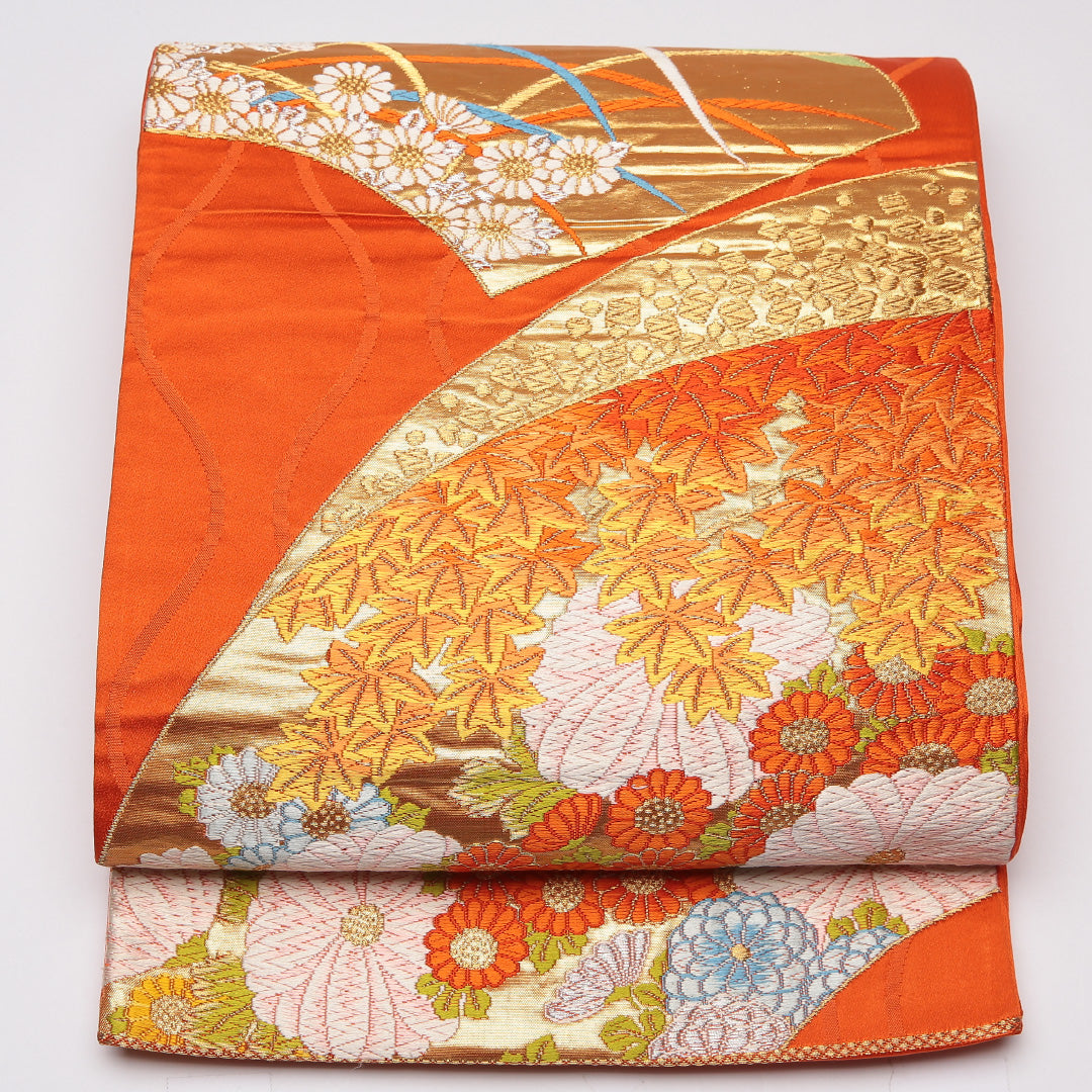 袋帯 帯丈420cm 六通 菊 紅葉 立涌 フォーマル 朱系 正絹 Aランク 1223-01195