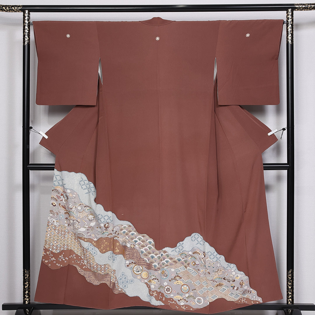 色留袖 三つ紋 身丈156cm 裄丈67.5cm 袷 丸に橘 正絹 Sランク 広衿 鶴 笠松 吉祥文様 金彩 1211-F0354