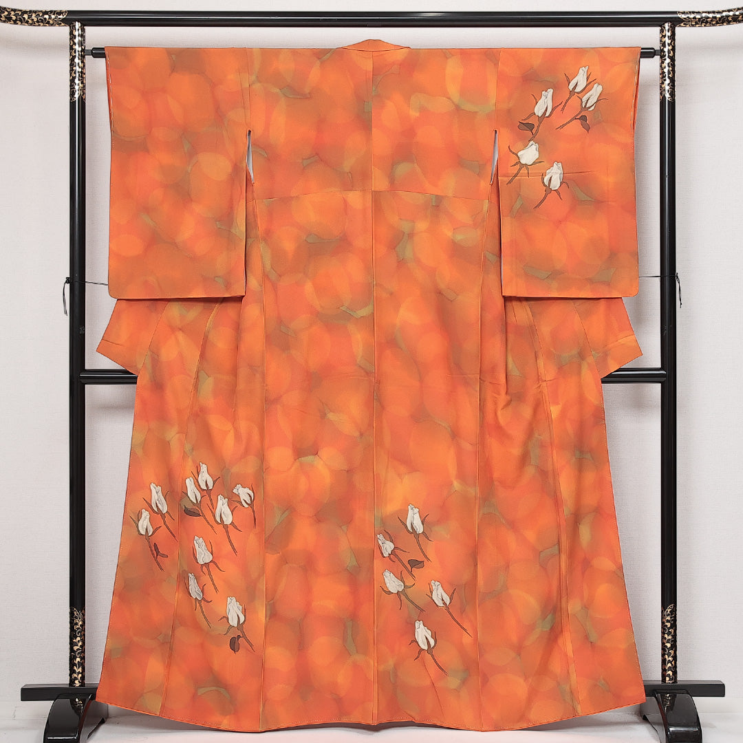 付下げ 袷 身丈161cm 裄丈61cm 正絹 Sランク インフォーマル 広衿 Lサイズ 薔薇 朱系 RP 1218-13971