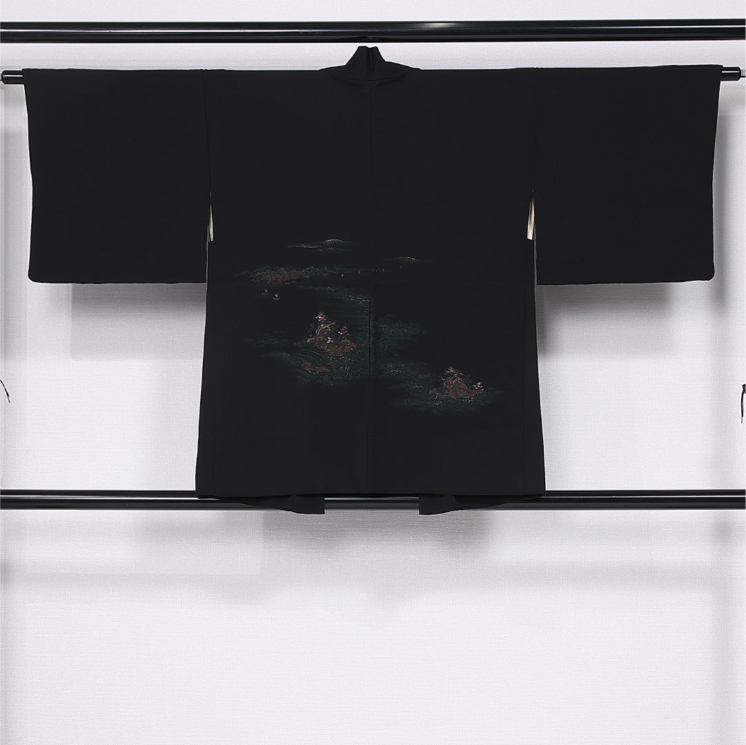 羽織 身丈78cm 裄丈62.5cm S 正絹 Aランク 袷 黒羽織 絵羽羽織 漆糸 山水 1217-11163