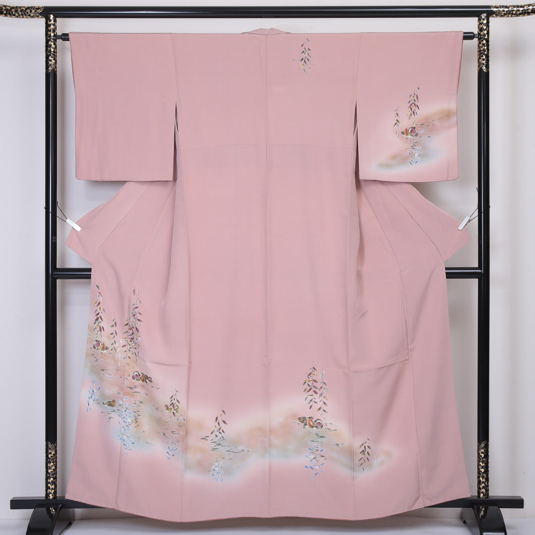 訪問着 袷 身丈160~164cm 裄63cm 正絹 鴛鴦 ぼかし ピンク系 Aランク 1212-00573