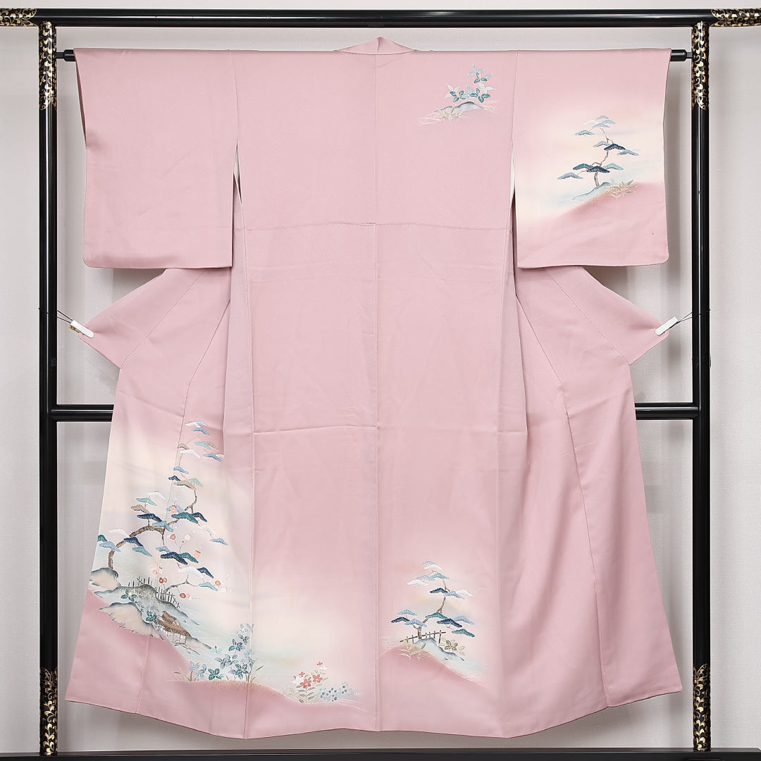 訪問着 袷 身丈149cm 裄丈64cm 正絹 Bランク セミフォーマル 広衿 XSサイズ 加賀友禅 茶屋辻 ピンク系 RP 1217-13127