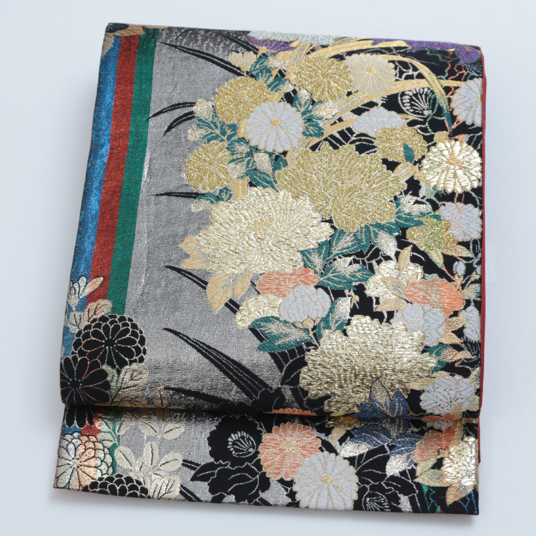 袋帯 帯丈432cm 六通 唐織 牡丹 菊 吉祥文様 振袖帯 フォーマル 黒系 正絹 Sランク 1223-00335