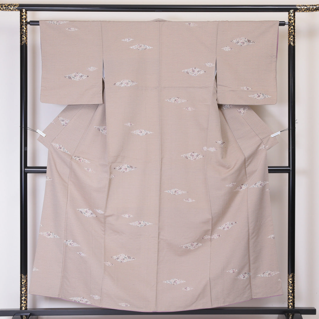 紬 袷 身丈165cm 裄丈62cm 正絹 Sランク カジュアル バチ衿 XLサイズ 染め紬 菱 花柄 ベージュ系 RP 1223-03380