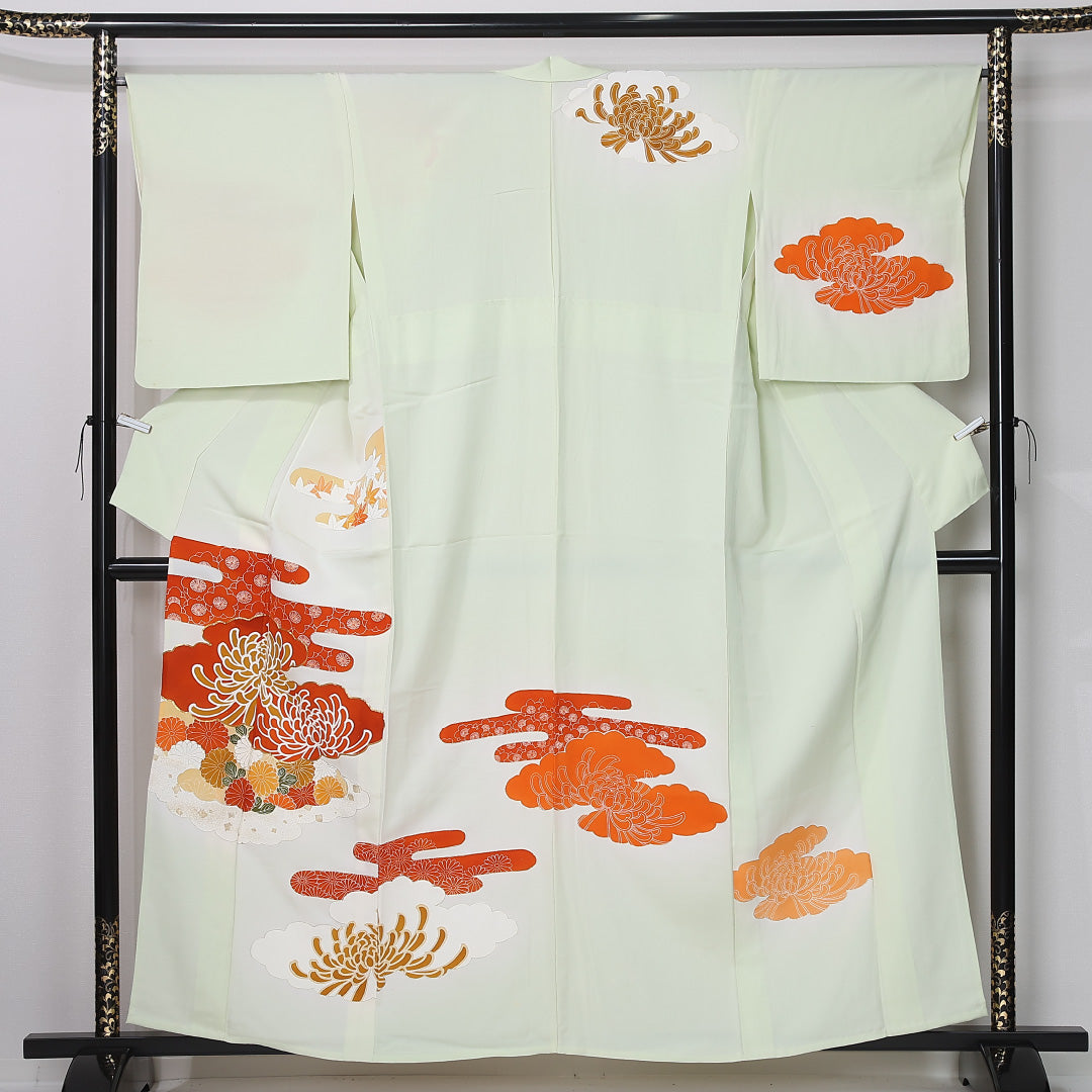 アンティーク 訪問着 身丈156cm 裄丈65cm Bランク M 正絹 単衣 広衿 金駒刺繍 エ霞 菊 緑系 1212-12323
