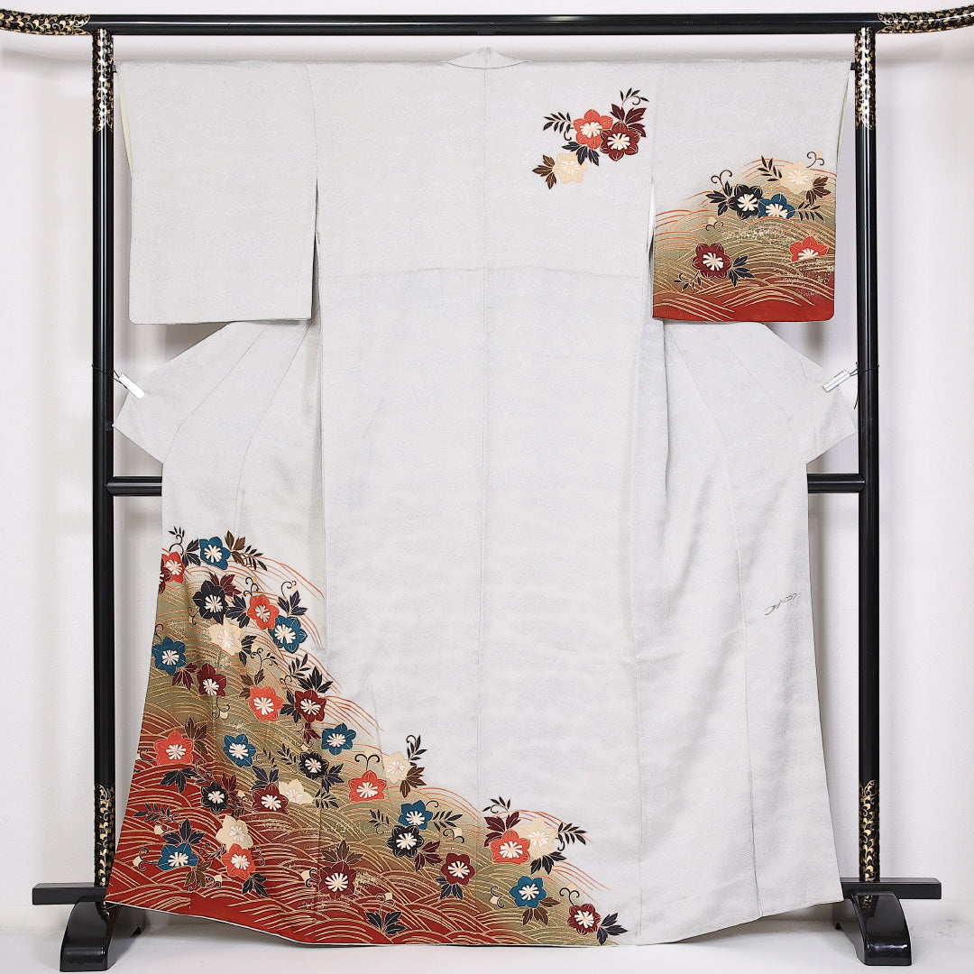 訪問着 袷 身丈162cm 裄丈63cm 正絹 Sランク セミフォーマル 広衿 Lサイズ ぼかし染 金彩 花柄 銀系 RP 1217-04792