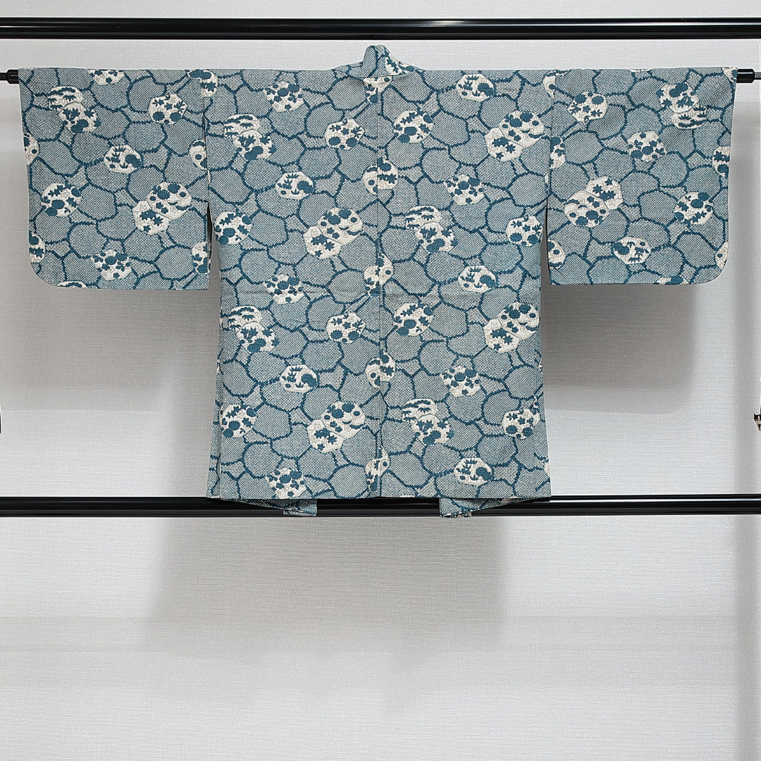羽織 袷 身丈78cm 裄丈63cm 正絹 Sランク カジュアル Sサイズ 紐あり 菊 楓 鹿の子柄 青系 RP 1232-14649