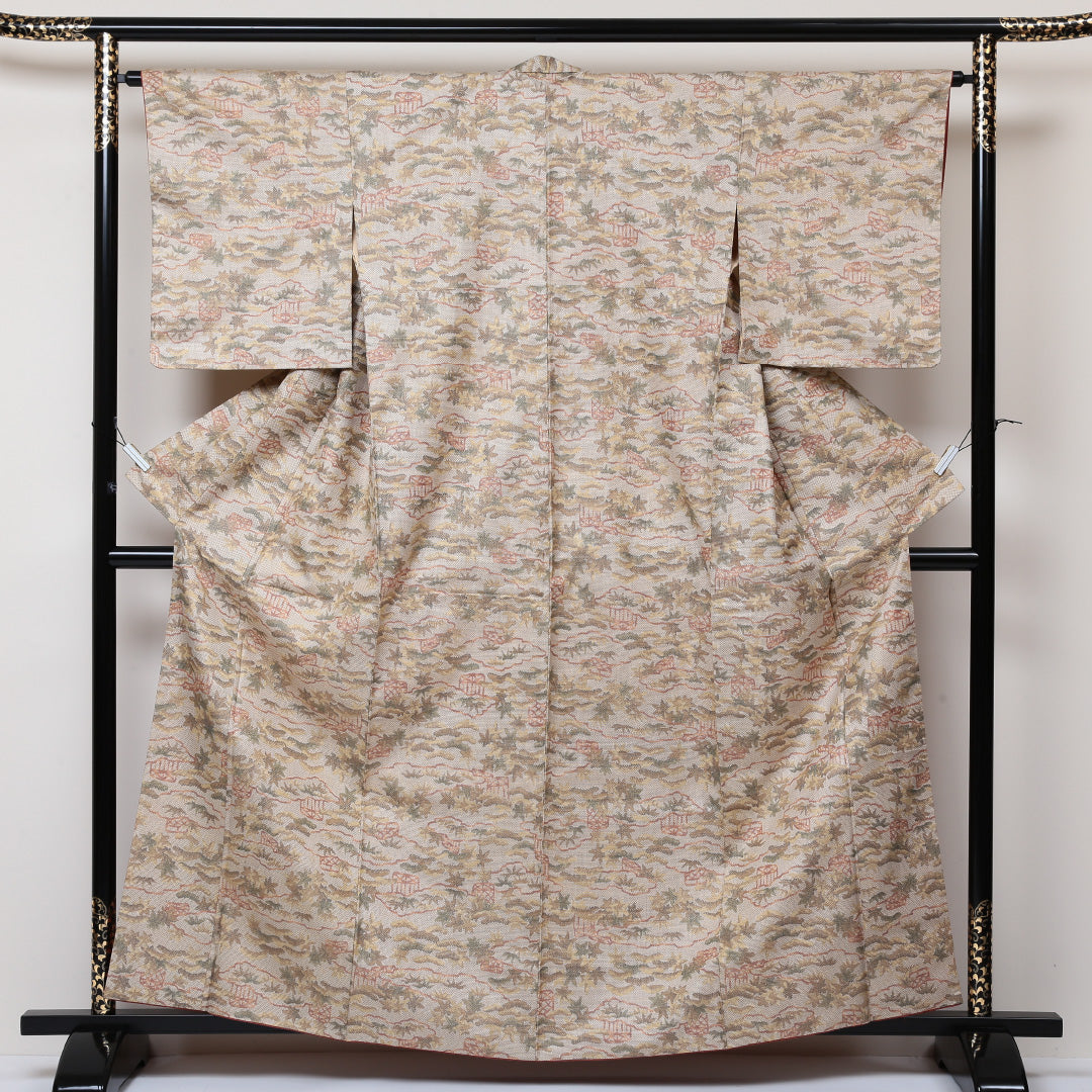 紬 袷 身丈160cm 裄丈64cm 正絹 Aランク カジュアル 広衿 Lサイズ 古典柄 クリーム系 RP 1223-03003
