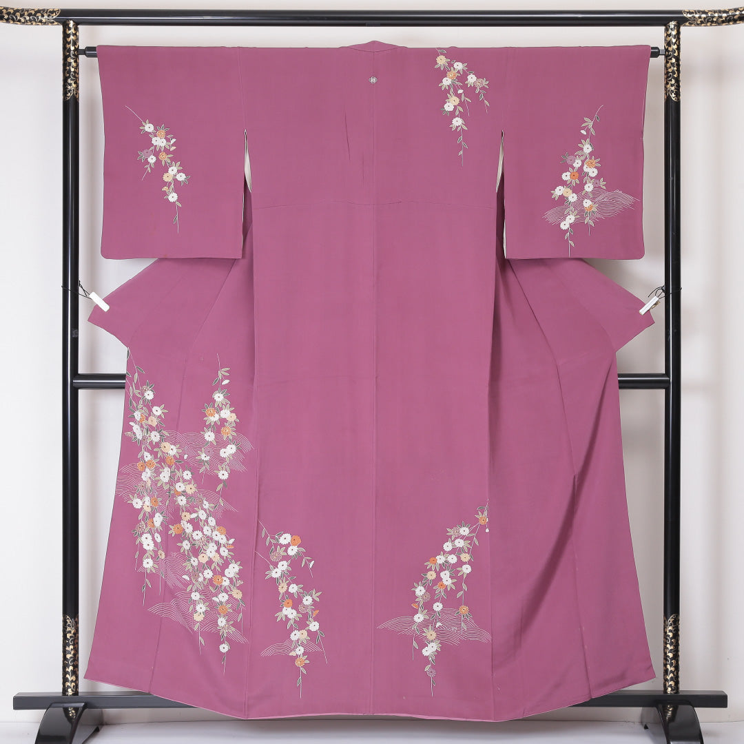 付下げ 袷 150 ~ 159cm 身丈155~159cm 正絹 一つ紋 菊 木瓜 ピンク系 Bランク 1212-00525