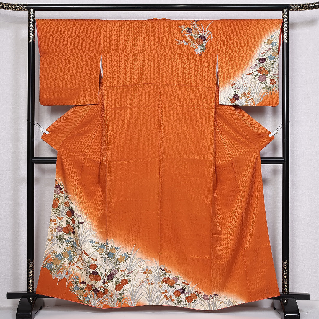 訪問着 身丈159cm 裄丈66cm 正絹 Aランク 袷 広衿 菊 菖蒲 紋意匠 紗綾形 1212-10405