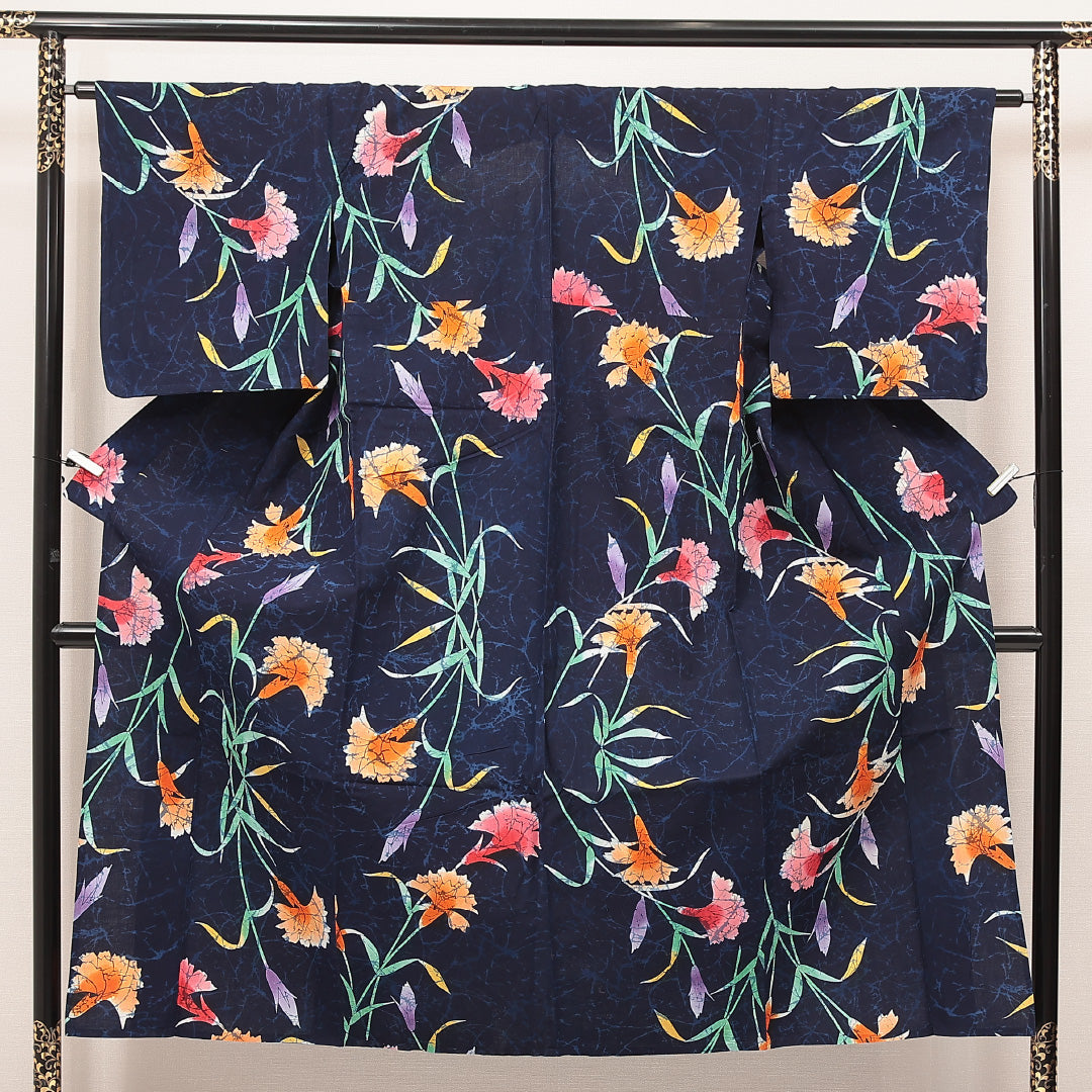 浴衣 紺系 木綿 単衣 撫子 1225-17119 背面全体