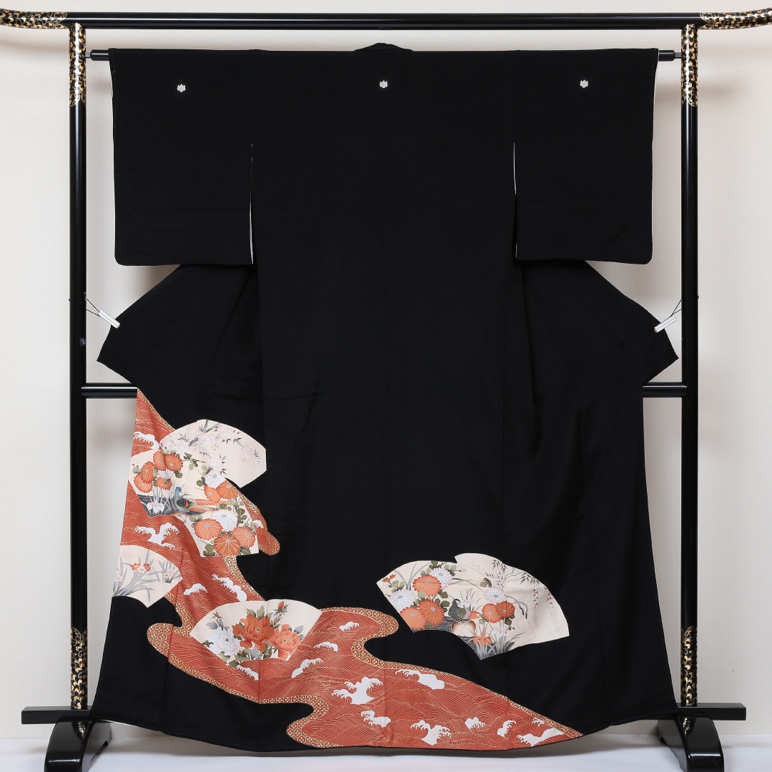 黒留袖 五つ紋 五三桐 身丈163cm 裄丈62.5cm Sランク 正絹 袷 広衿 L 京友禅 雉 牡丹 フォーマル 黒系 1211-F0189