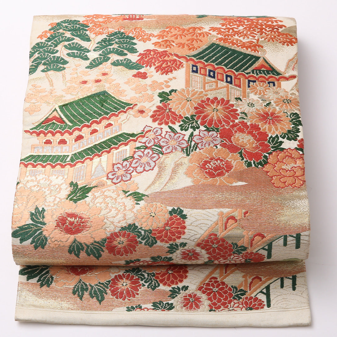 アンティーク 名古屋帯】 六通 帯丈317cm Cランク 正絹 楼閣 花