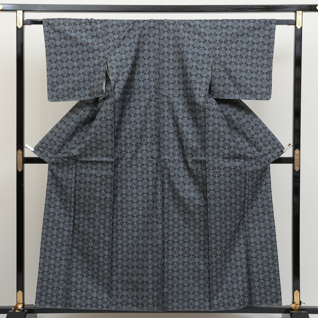 村山大島紬 袷 身丈158cm 裄丈63cm 正絹 Aランク インフォーマル 広衿 Mサイズ しつけ糸 蜀江 青系 RP 1223-02835