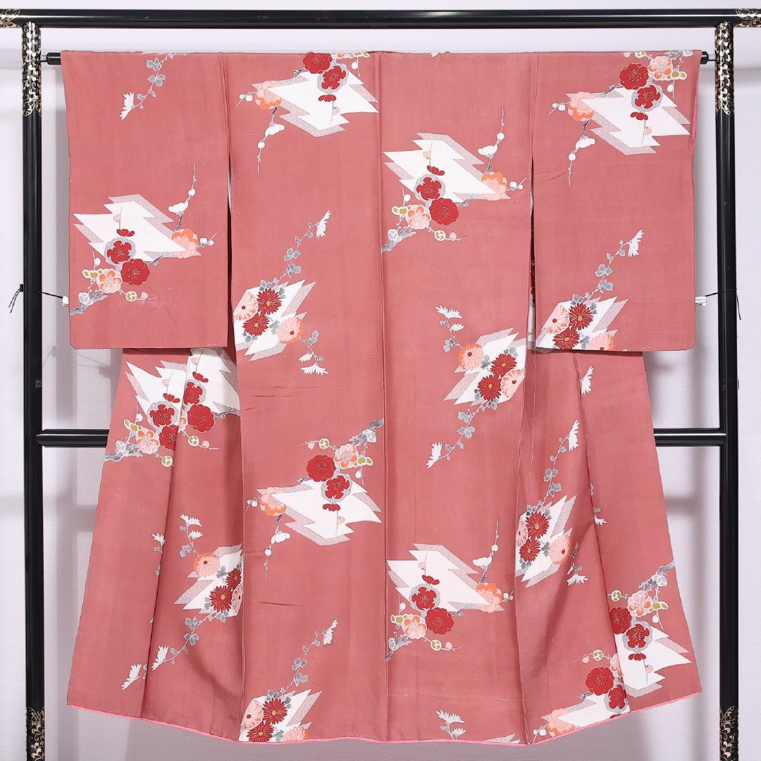 アンティーク 紬 袷 身丈141cm 裄丈64cm 正絹 Cランク 広衿 XSサイズ 染め紬 松皮菱 菊 茶系 RP 1223-11578