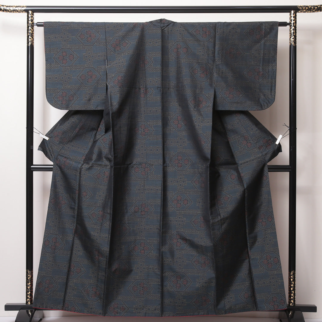大島紬 袷 身丈160cm 裄丈62cm 正絹 Aランク インフォーマル 広衿 Lサイズ 亀甲 緑系 RP 1223-03532