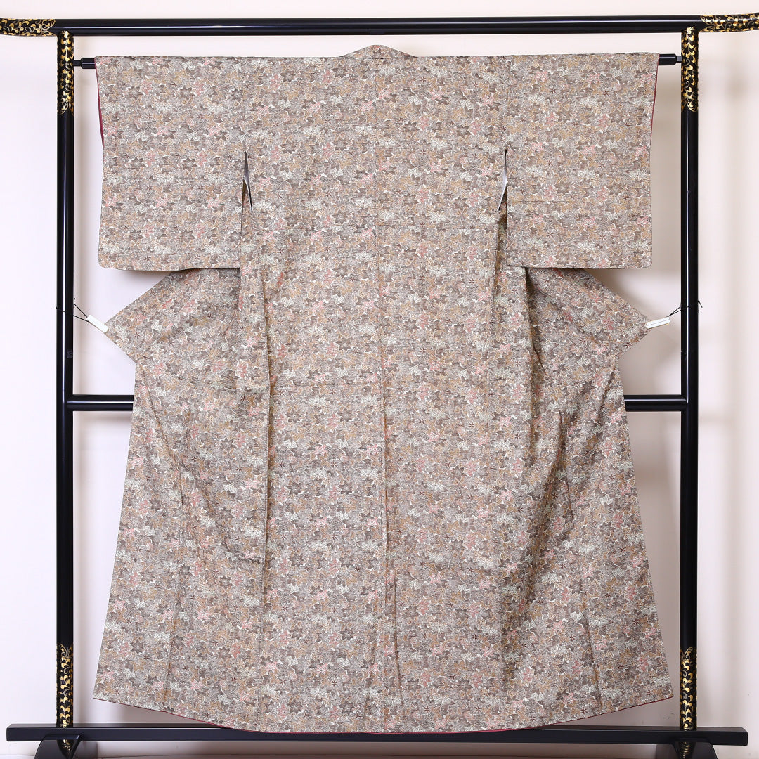 紬 袷 身丈155cm 裄丈62cm 正絹 Sランク カジュアル 広衿 Mサイズ 紅葉 楓 ベージュ系 RP 1223-03333