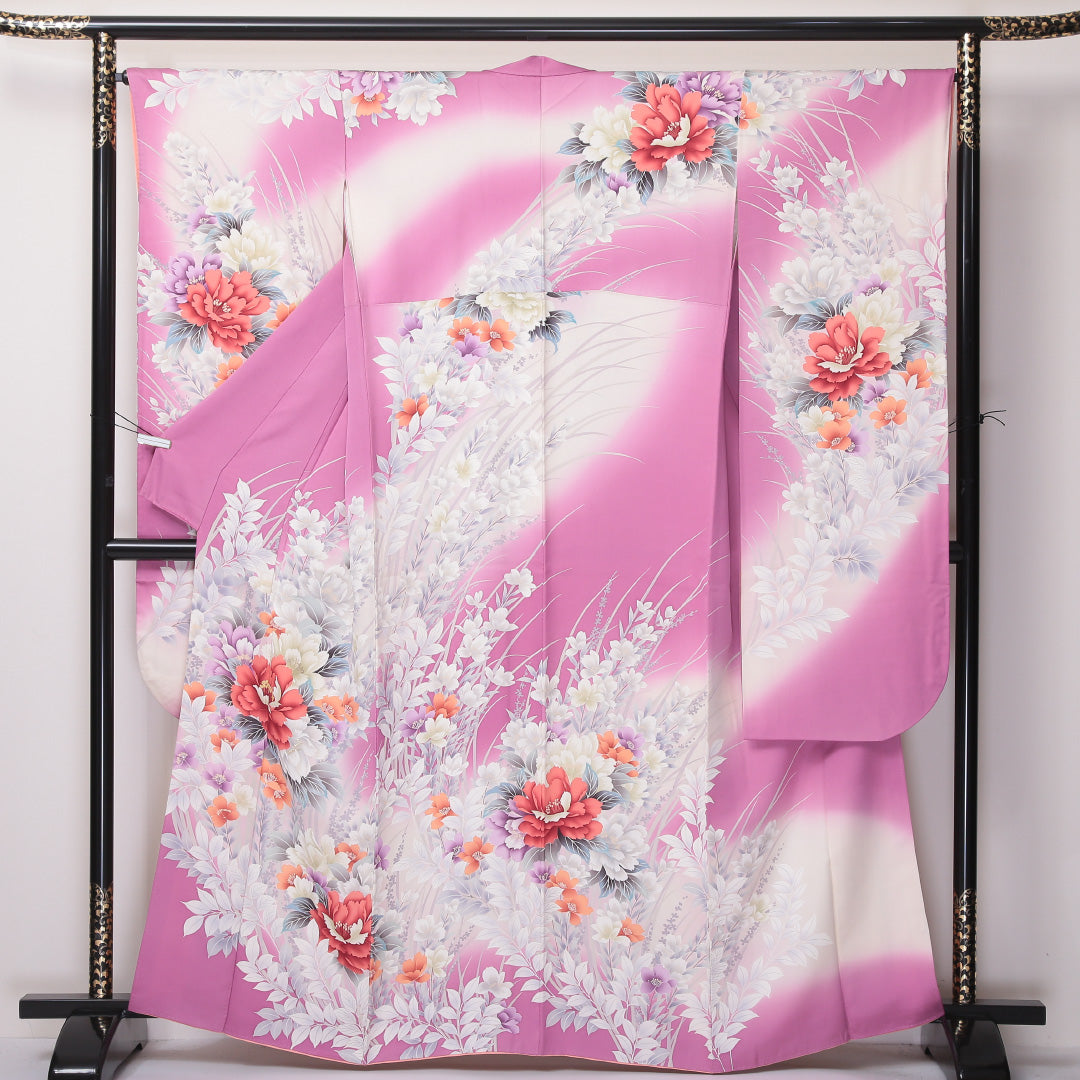 振袖 身丈164cm 裄丈66cm Sランク 袷 正絹 広衿 牡丹 竜胆 金彩 1213-F0061