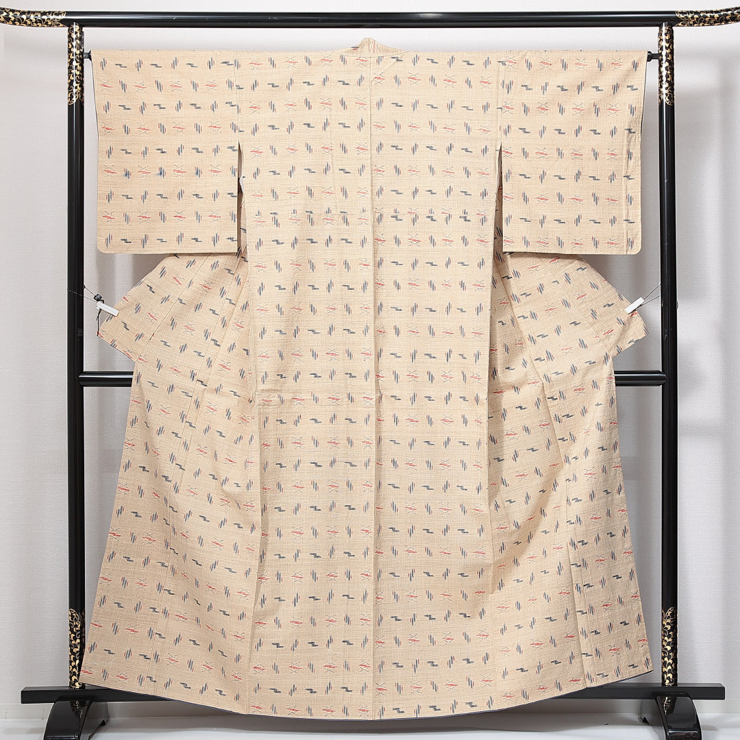 真綿紬 袷 身丈158cm 裄丈65cm 正絹 Sランク カジュアル 広衿 Mサイズ 抽象柄 クリーム系 RP 1223-14988