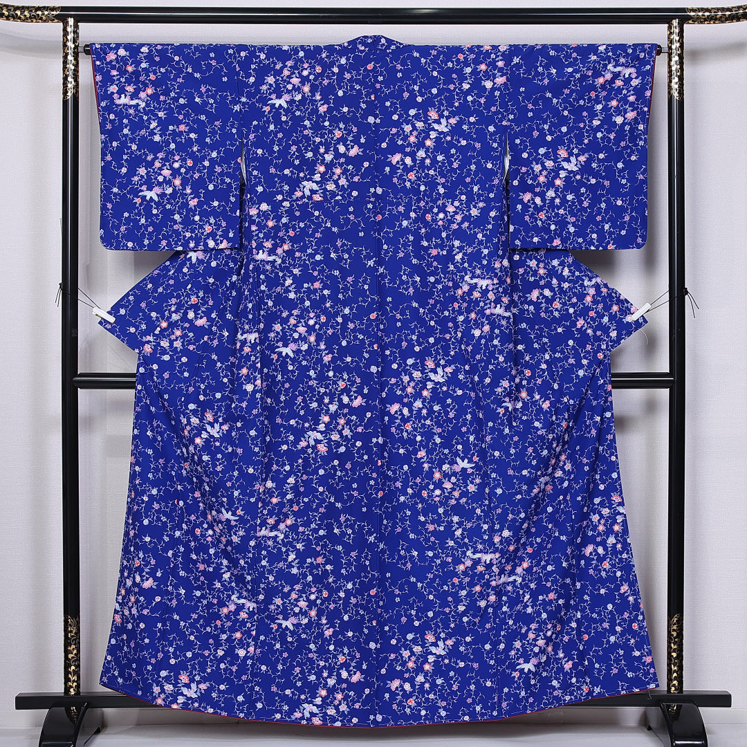 小紋 身丈160cm 裄丈64.5cm L ポリエステル Sランク 袷 洗える着物 広衿 唐草 桜 1215-10820