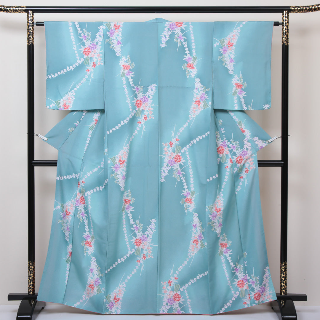洗える着物 小紋 袷 身丈162cm 裄丈62cm ポリエステル Sランク インフォーマル 広衿 Lサイズ 花柄 緑系 RP 1221-01153