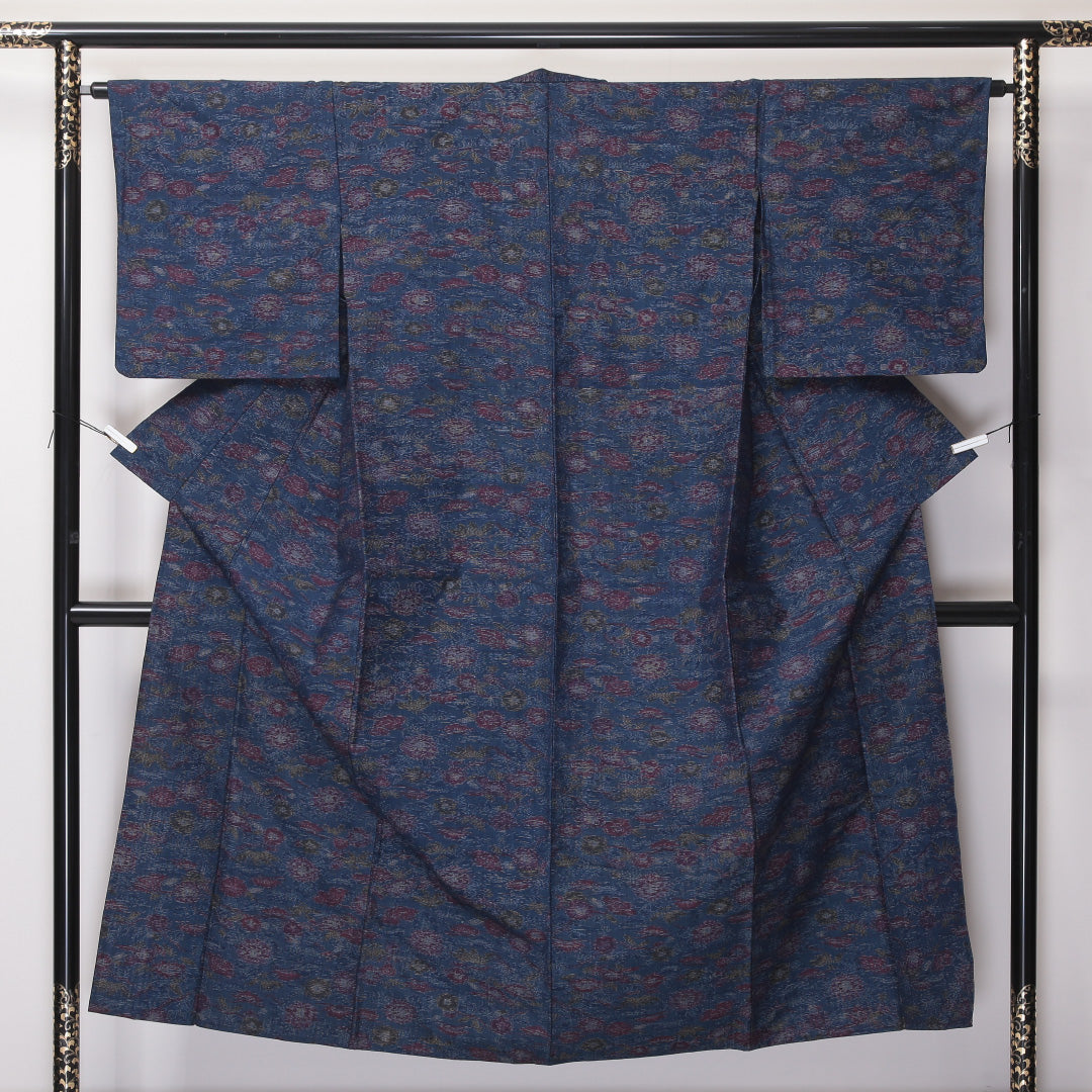紬 単衣 身丈150cm 裄64cm ウール 洗える着物 ボタニカル 青系 Aランク 1216-00967
