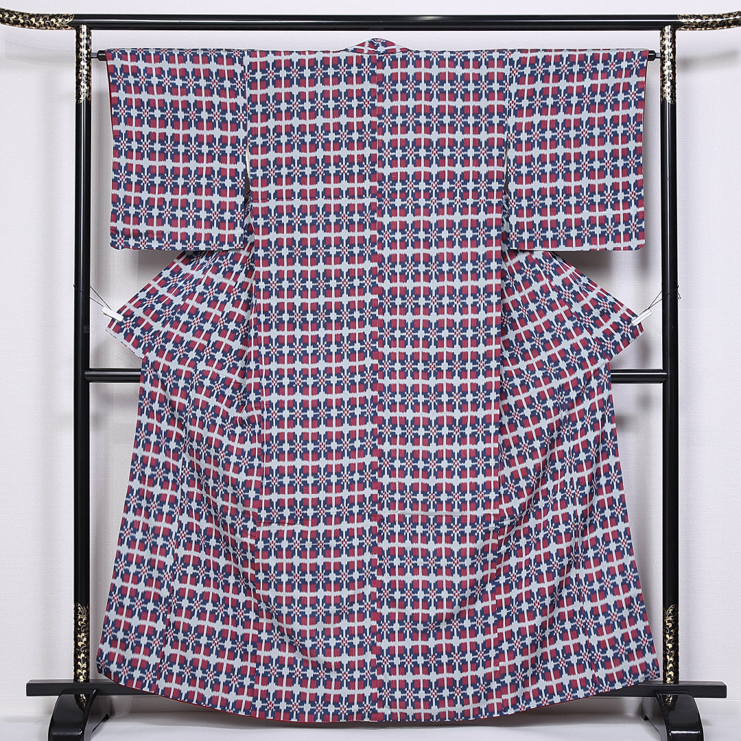 小紋 袷 身丈162cm 裄丈64cm 正絹 Aランク インフォーマル 広衿 Lサイズ 格子 青系 HP 1221-10148