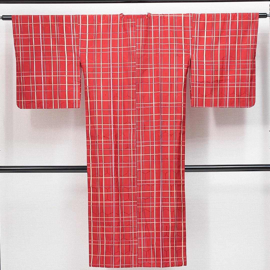 道行コート 袷 身丈128cm 裄丈62cm 正絹 Sランク セミフォーマル Sサイズ ポケットあり 格子 赤系 RP 1237-14838