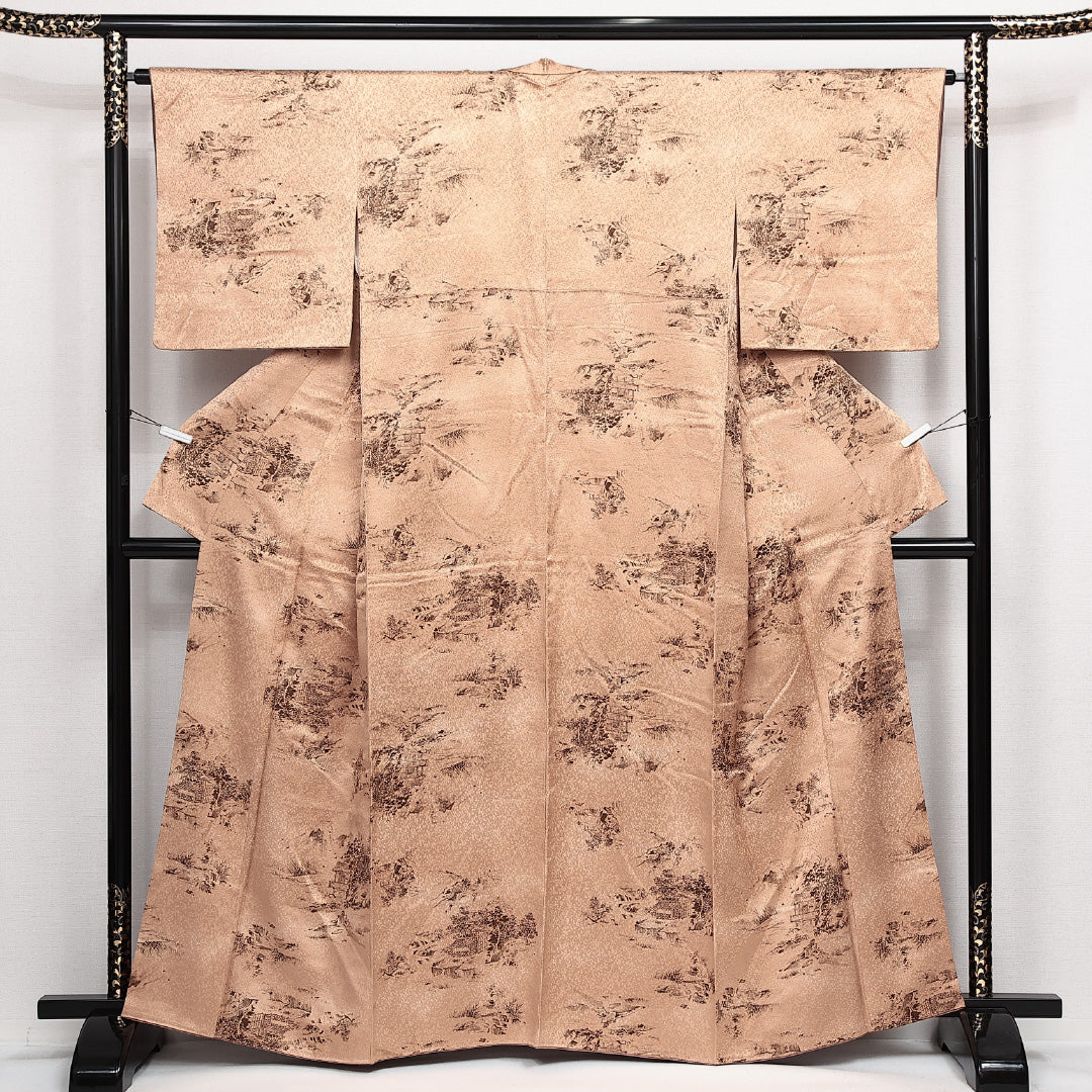 小紋 袷 身丈161cm 裄丈64cm 正絹 Sランク インフォーマル 広衿 Lサイズ 茶屋辻 金系 RP 1221-14152