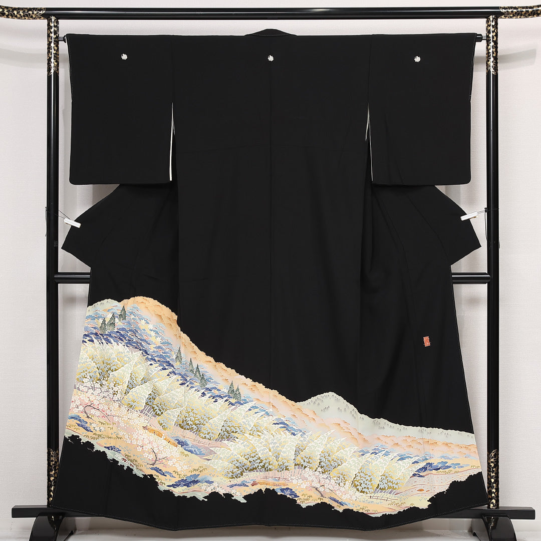 黒留袖 五つ紋 揚羽蝶 身丈159cm 裄丈66cm Sランク 正絹 袷 比翼 広衿 M 落款 加賀友禅 茶屋辻 フォーマル 幻想的 重厚感 黒系 1211-F0559