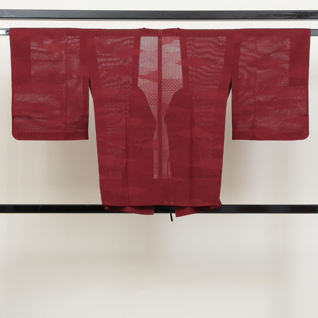 夏物 道行コート 夏物 身丈74cm 裄丈62cm 正絹 Sランク セミフォーマル Sサイズ もじり織 雲取り 赤系 RP 1237-05556