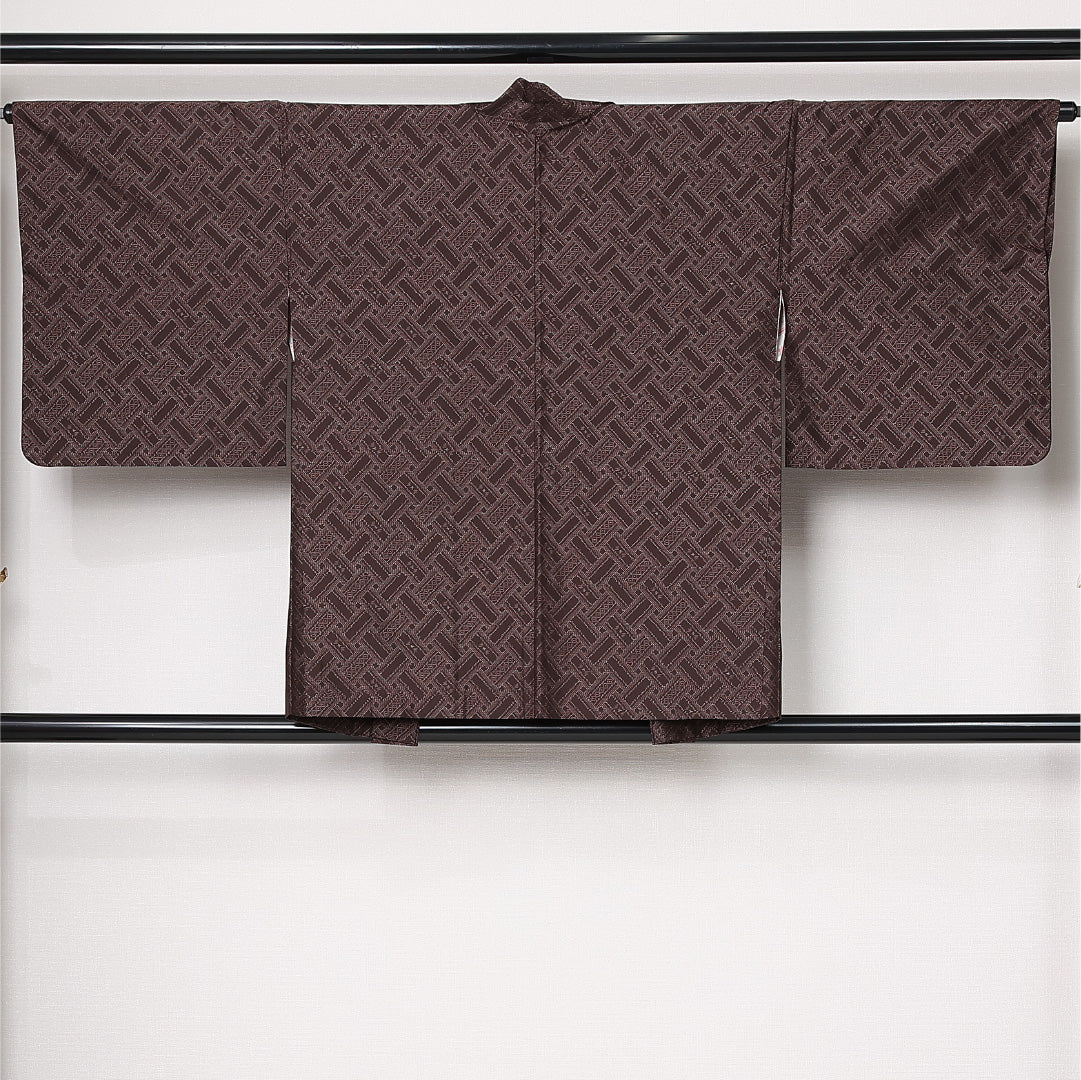 羽織 (大島紬) 袷 身丈78cm 裄丈65cm 正絹 Sランク インフォーマル Mサイズ 紐あり 創作柄 茶系 RP 1232-12768