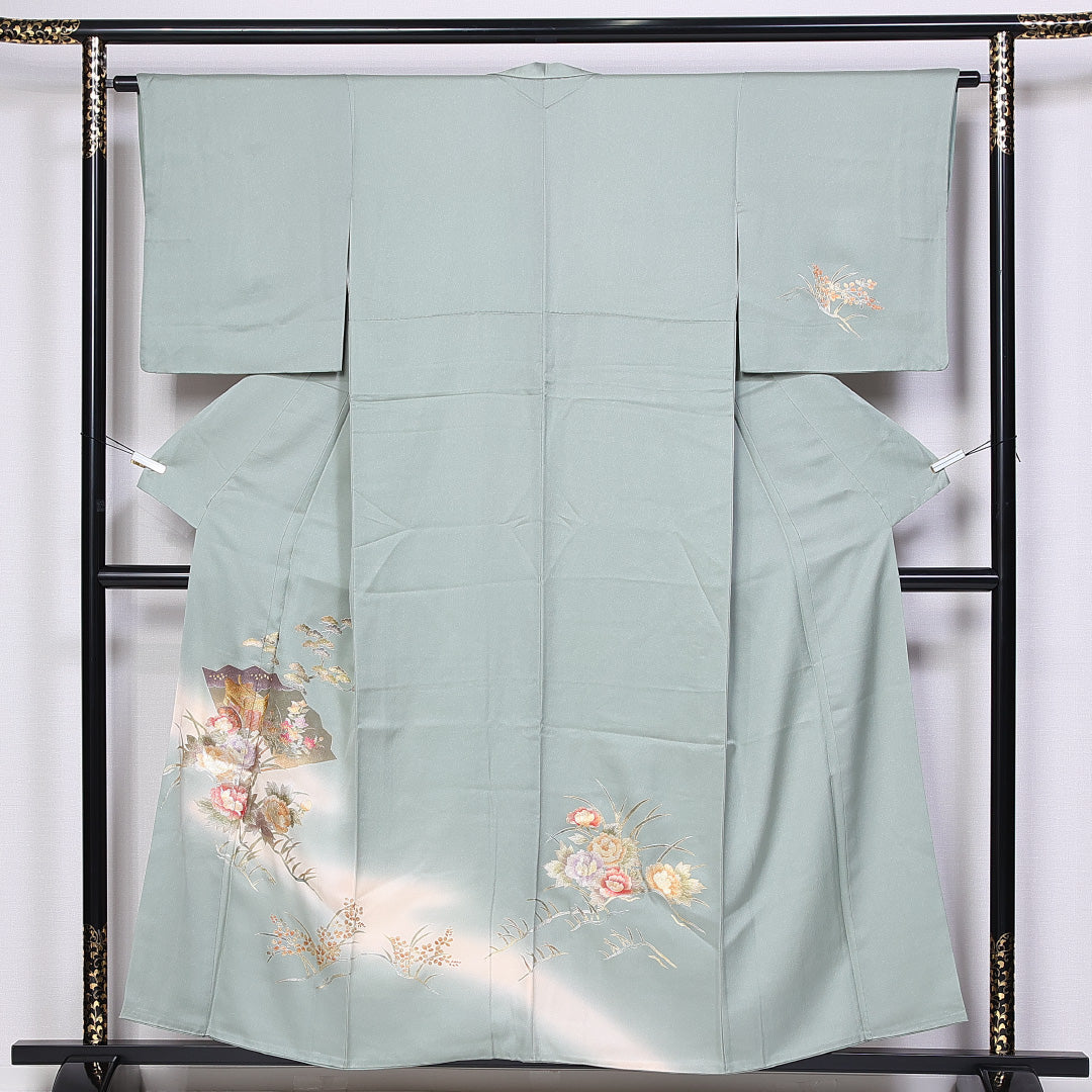 訪問着 身丈155cm 裄丈62cm 正絹 Sランク 袷 広衿 笠松 扇子 牡丹 御所車 1212-10224