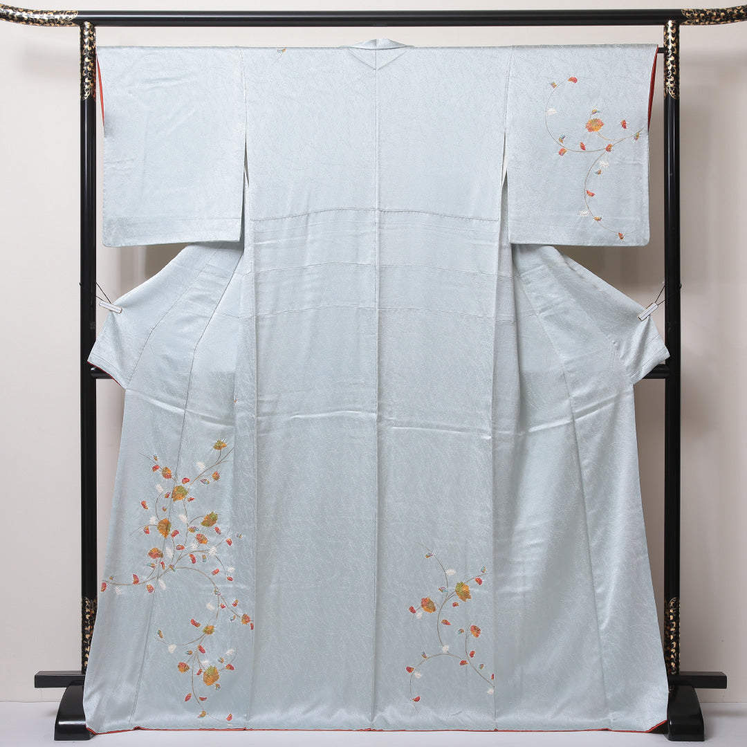 付下げ 袷 身丈170~174cm 裄66.5cm 正絹 部分絞り 草花 水色系 Cランク 1212-00605