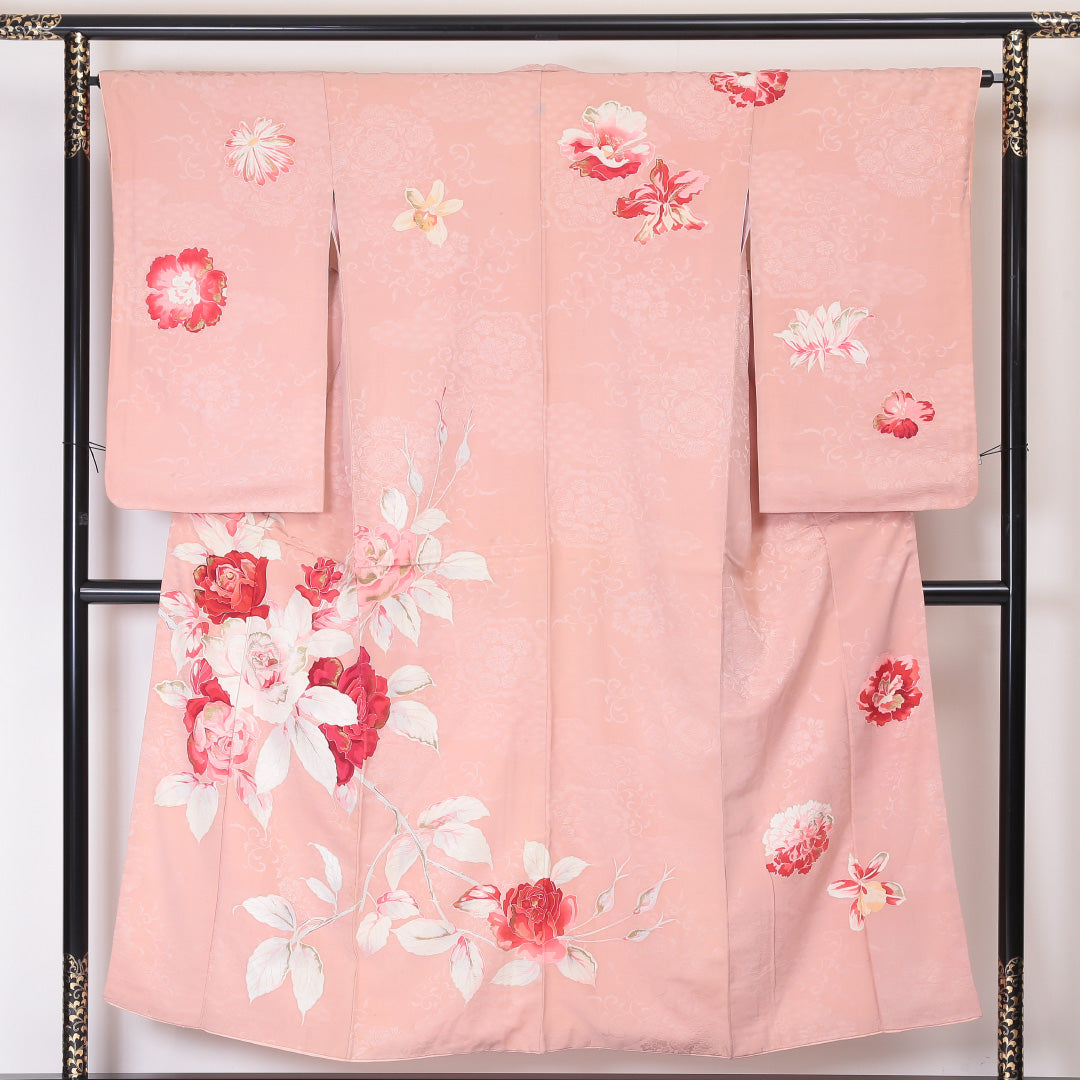 アンティーク 訪問着 袷 身丈148cm 裄丈66cm 正絹 Cランク 一つ紋 バチ衿 XSサイズ 金彩 薔薇 ピンク系 PO 1217-04493
