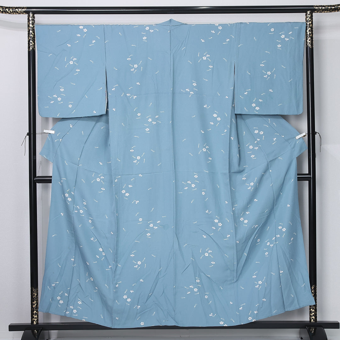 小紋 身丈154cm 裄丈67.5cm Cランク S 正絹 単衣 バチ衿 居敷当て 松葉 梅 カジュアル 水色系 1215-12322
